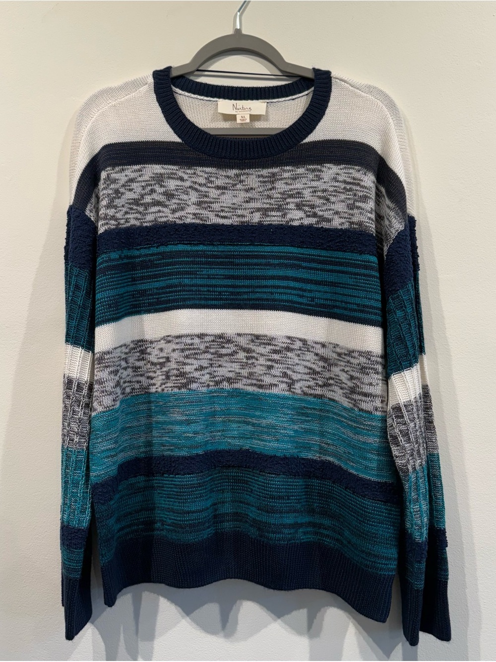 Westbound Men's Teal, Navy & White Striped Crew Sweater